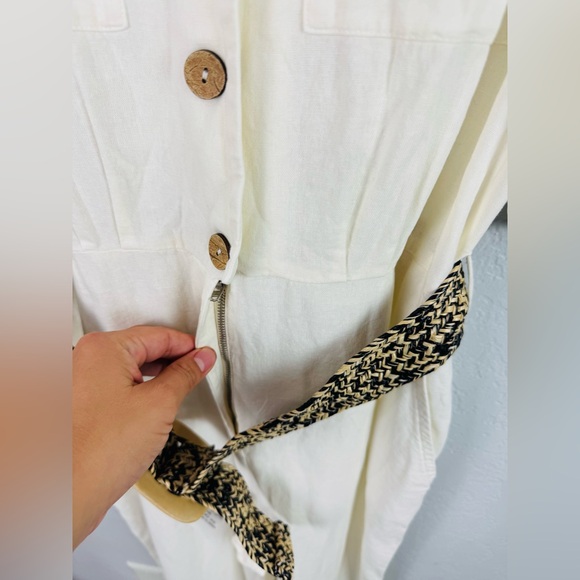 NWT Zara Cream White Linen Jumpsuit Woven Belted Mid Sleeve Romper Size Medium - Picture 9 of 11